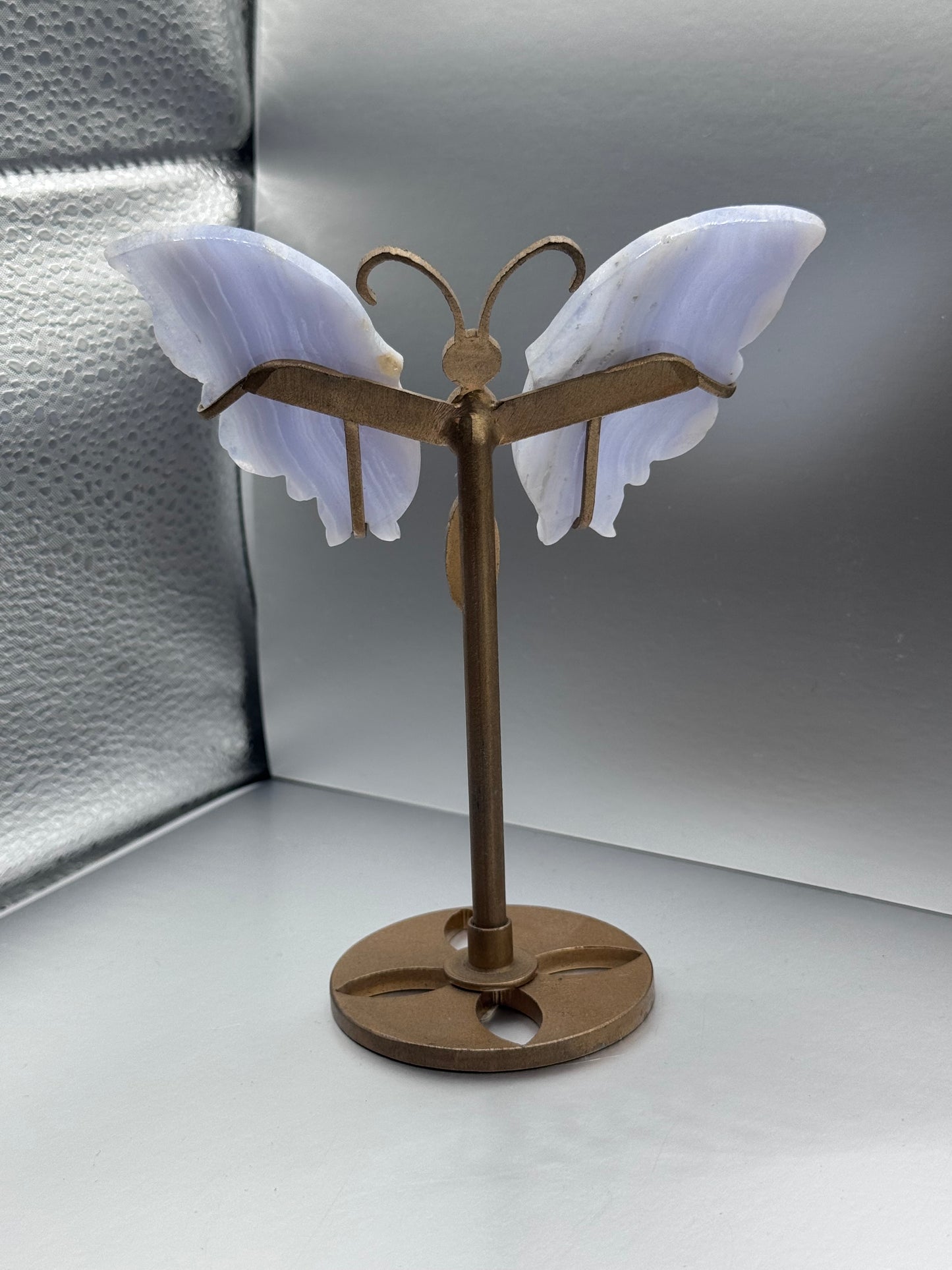 Blue Lace Agate carved wings on gold stand