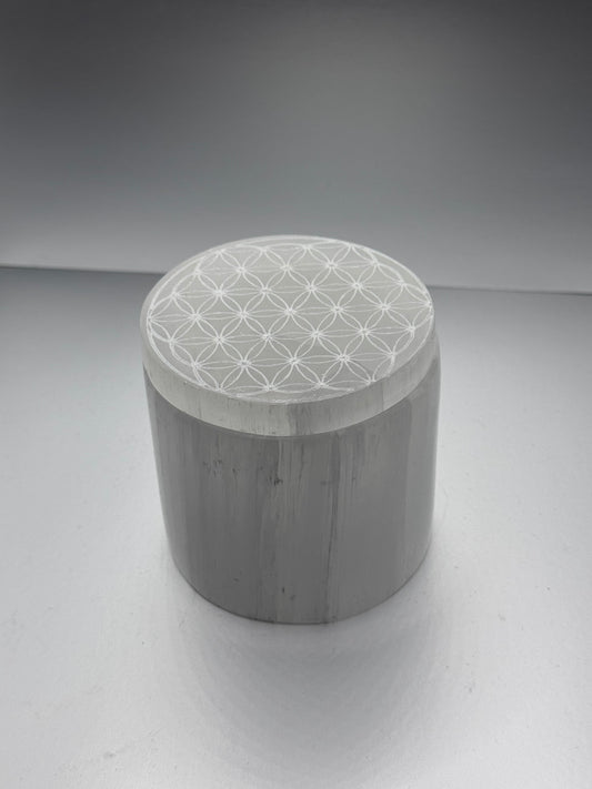 Selenite polished engraved jar with lid.