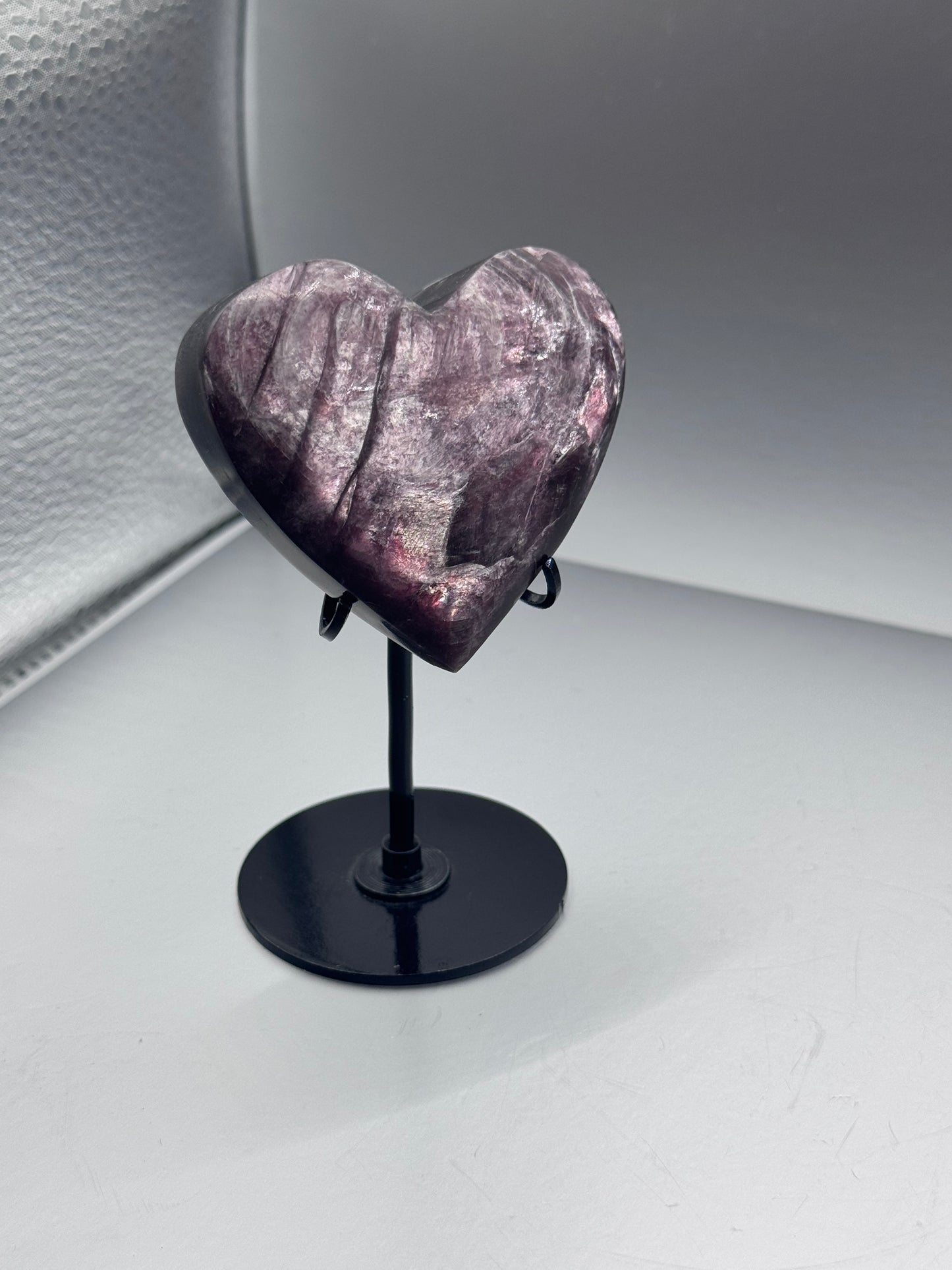 Flashy Purple Mica heart crystal on stand