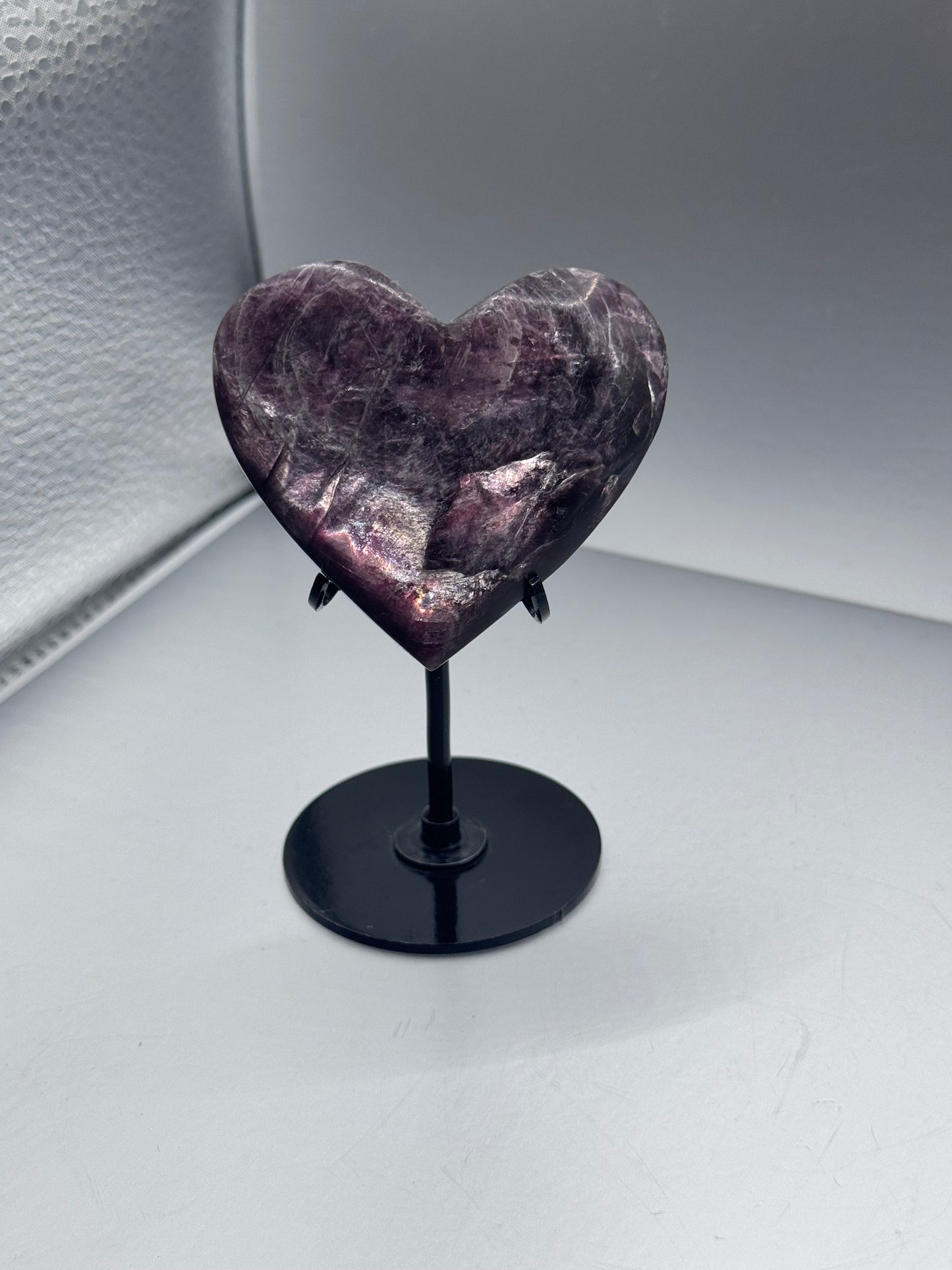 Flashy Purple Mica heart crystal on stand