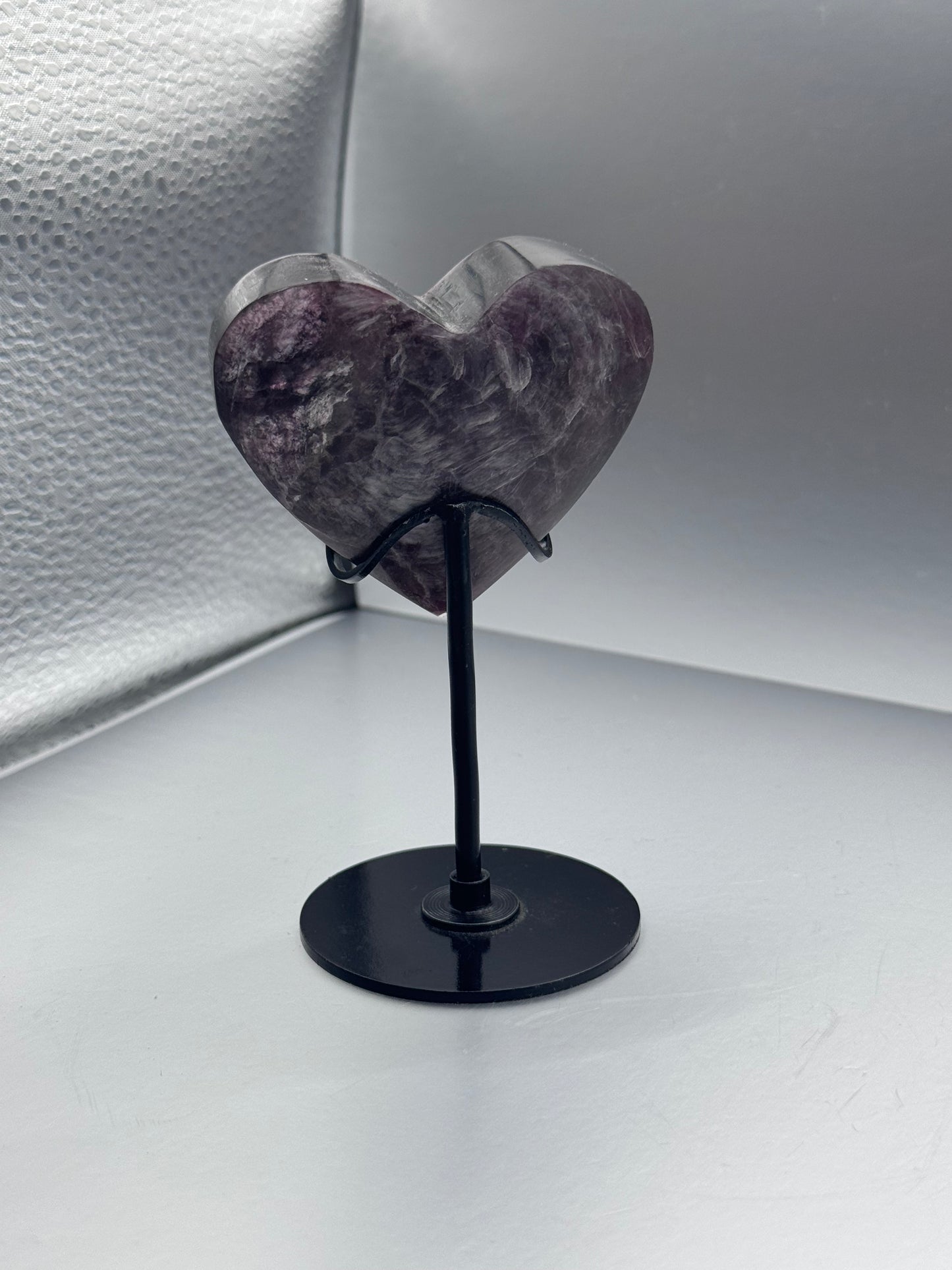 Flashy Purple Mica heart crystal on stand