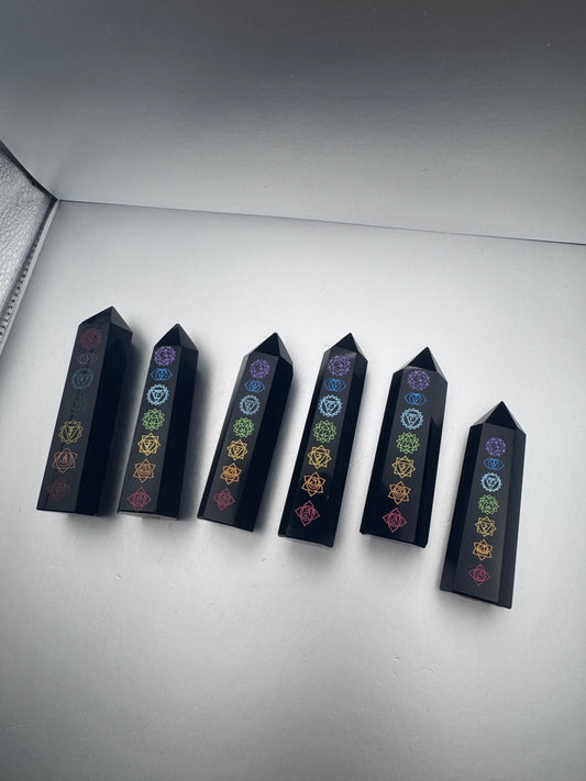 Natural Black Obsidian chakra tower with gold engraving
