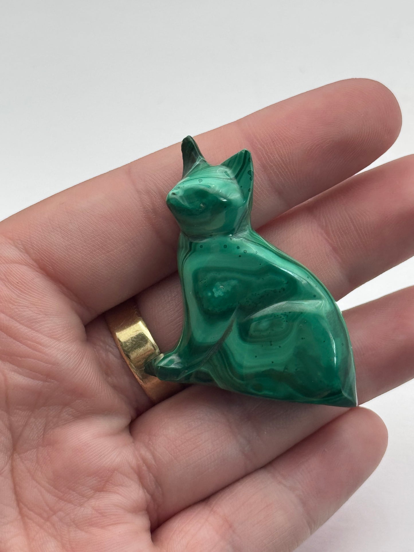 Polished Malachite Cat Carving