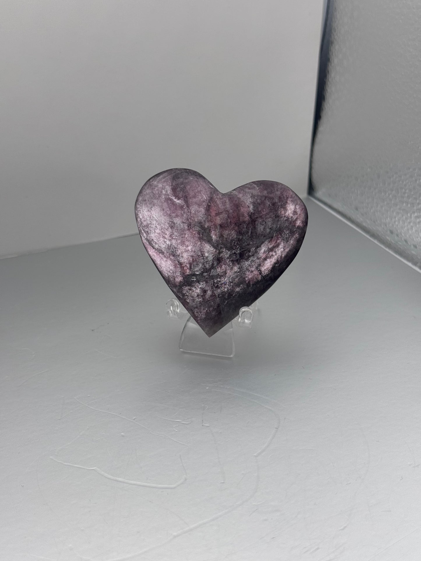 Flashy Purple Mica heart crystal on stand